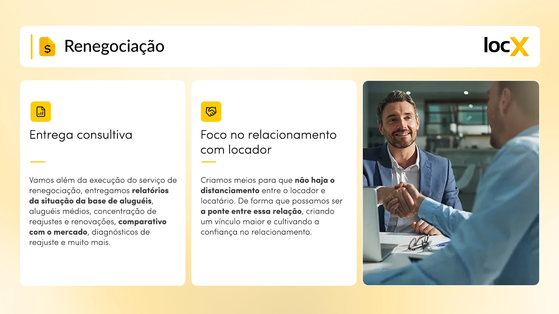 Painel de renegociação com destaque para entrega consultiva e foco no relacionamento entre locador e locatário.