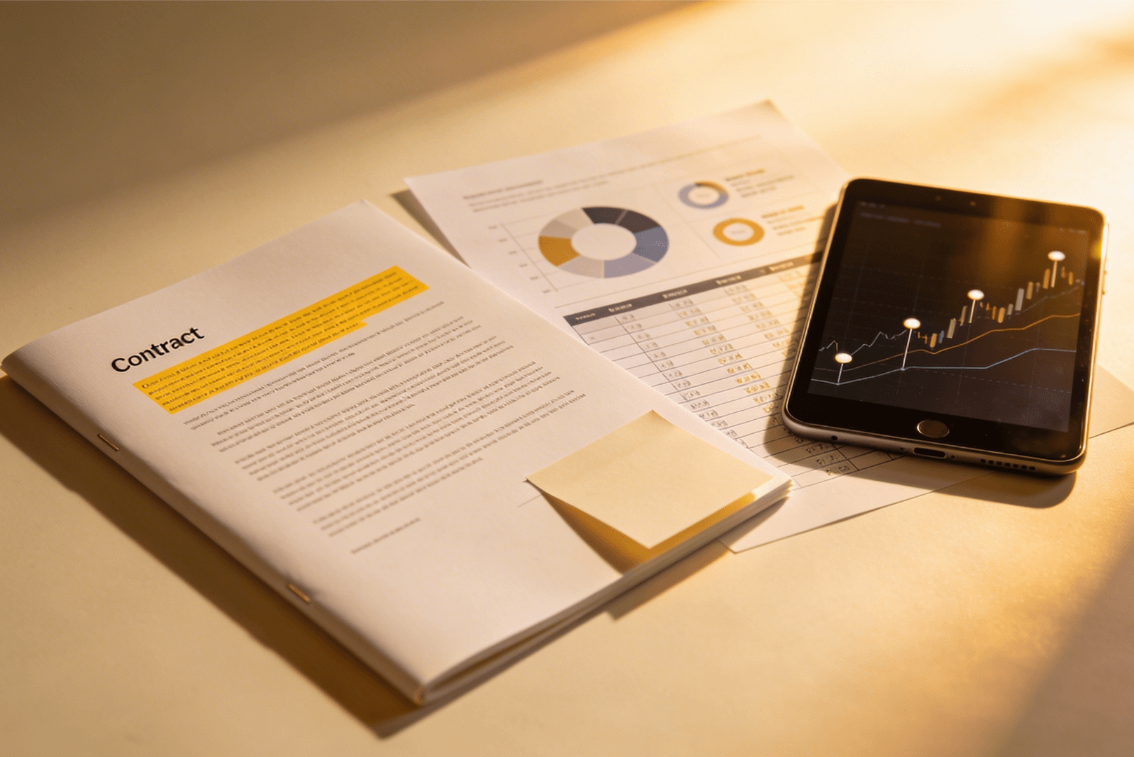 Contrato marcado em amarelo com planilha e tablet com indicadores, simbolizando identificação de contratos fora do mercado e priorização de renegociação.