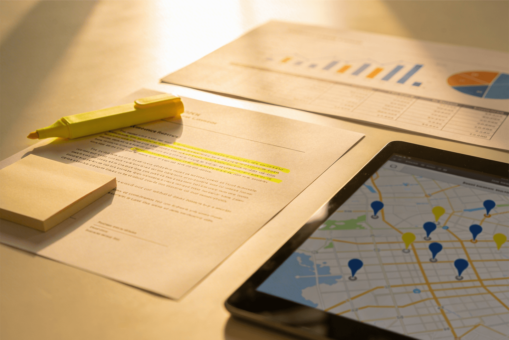 Contrato marcado em amarelo com planilha e tablet com indicadores, simbolizando identificação de contratos fora do mercado e priorização de renegociação.