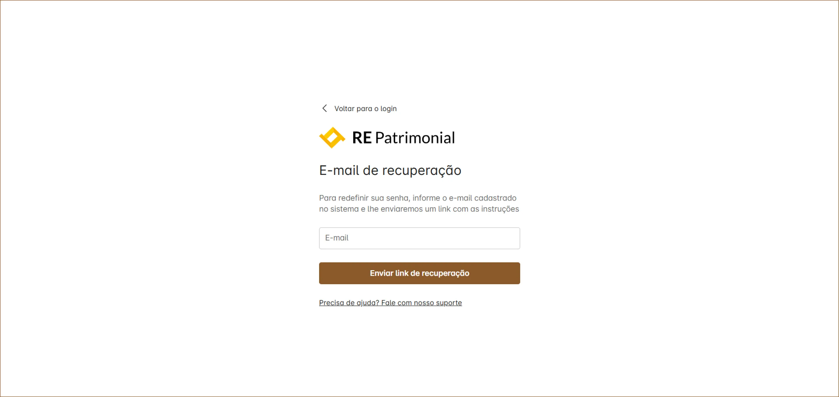 Tela de recuperação de senha do sistema RE Patrimonial: digite o e-mail cadastrado para receber as instruções de redefinição de acesso à plataforma de gestão patrimonial