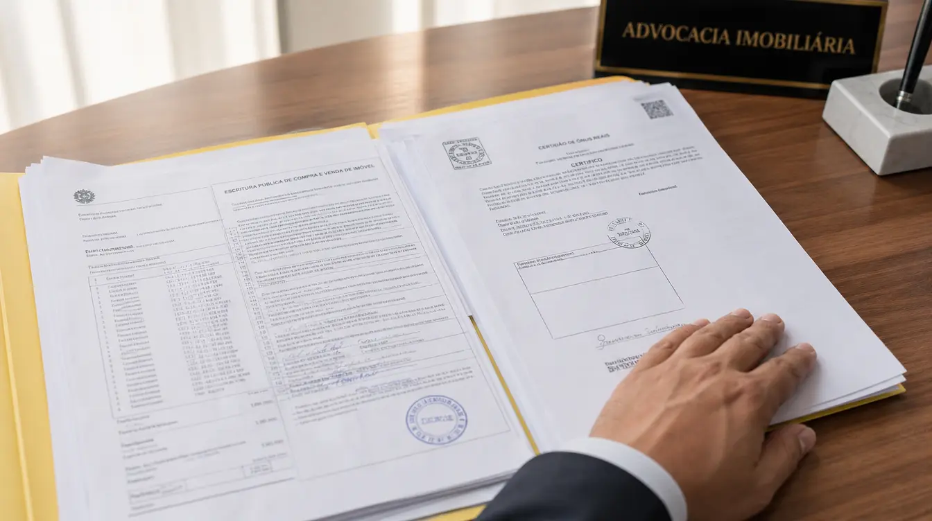 Gestora revisando documentos imobiliários em sistema de gestão patrimonial em escritório moderno.