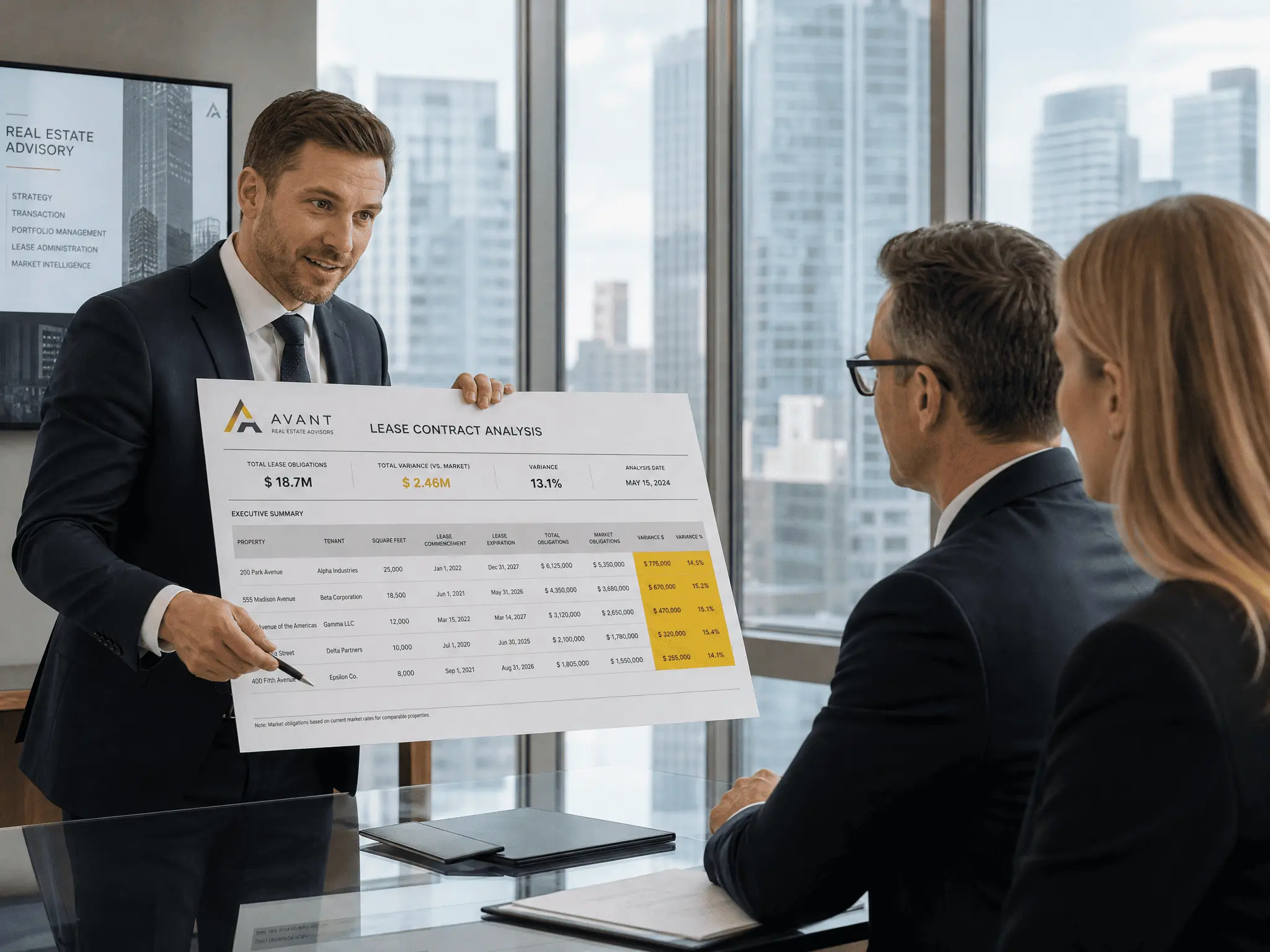 Consultor da LocX apresentando diagnóstico de custo de ocupação para gestores de portfólio imobiliário.