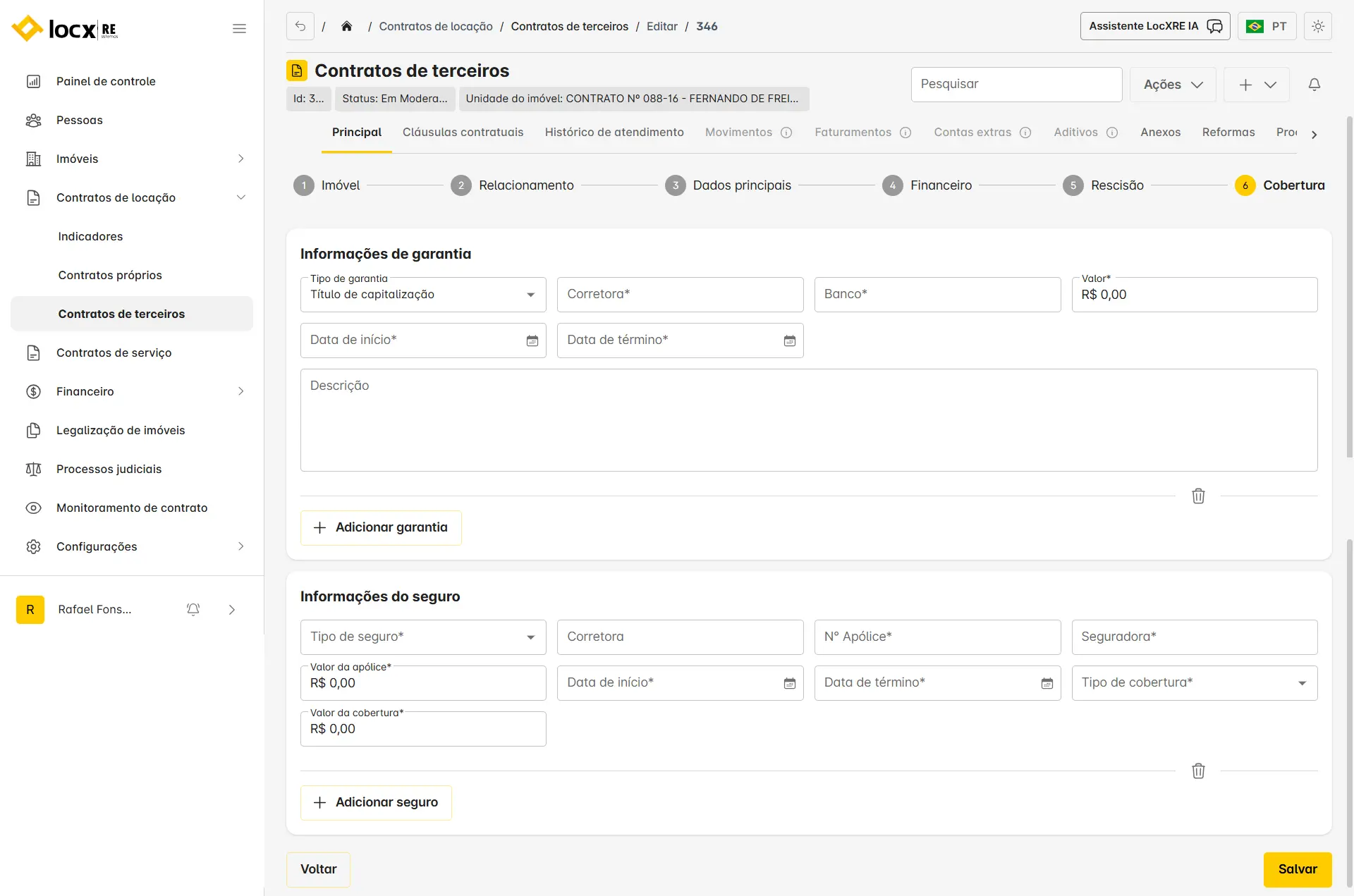 Tela do LocXRE na etapa de cobertura de um contrato de terceiro, com campos para cadastrar garantia locatícia e seguro, incluindo tipo, valor, corretora, banco, apólice, seguradora, datas de início e término e tipo de cobertura.