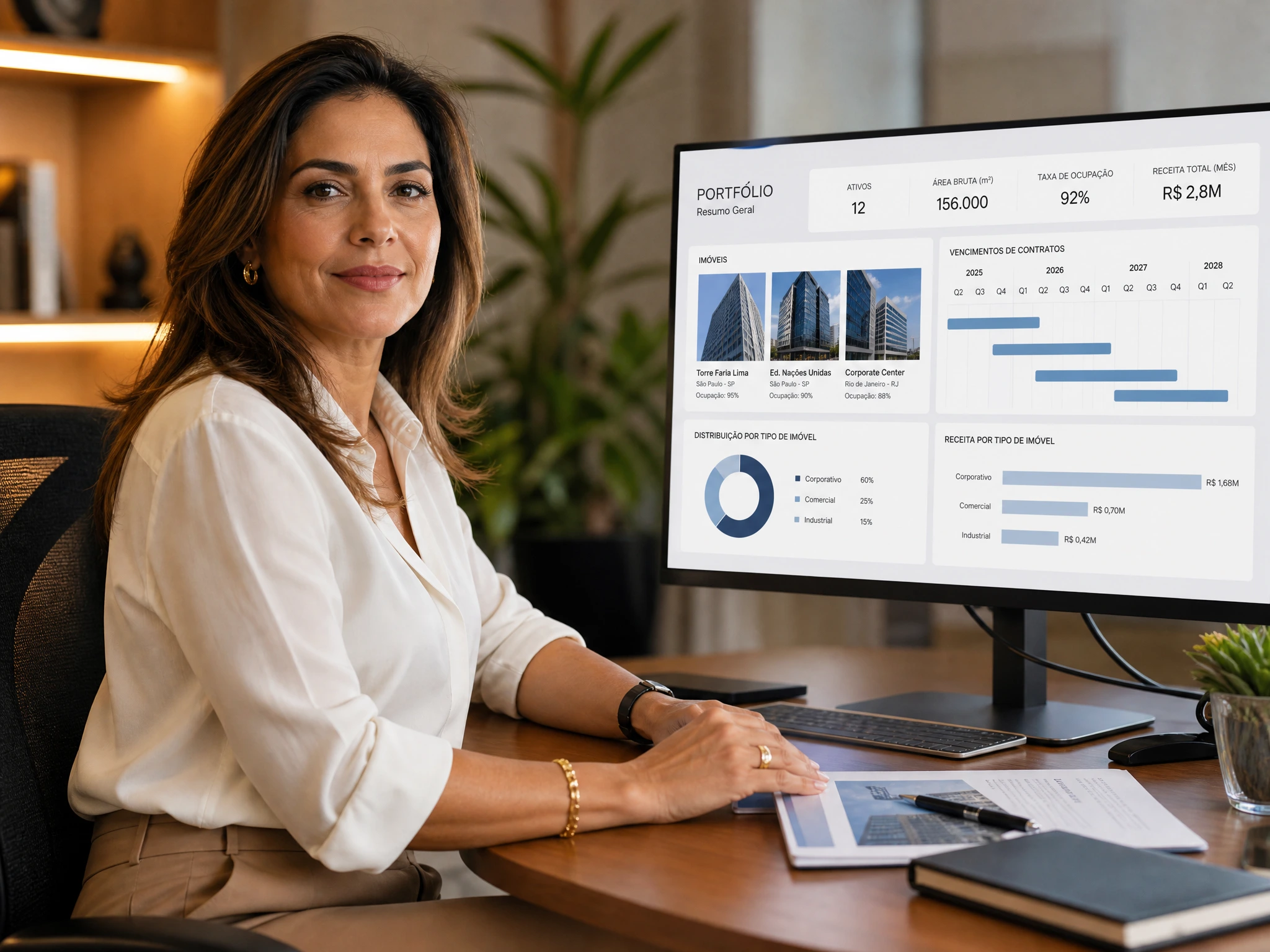 Gestora de holding familiar analisando portfólio imobiliário no sistema RE Patrimonial.