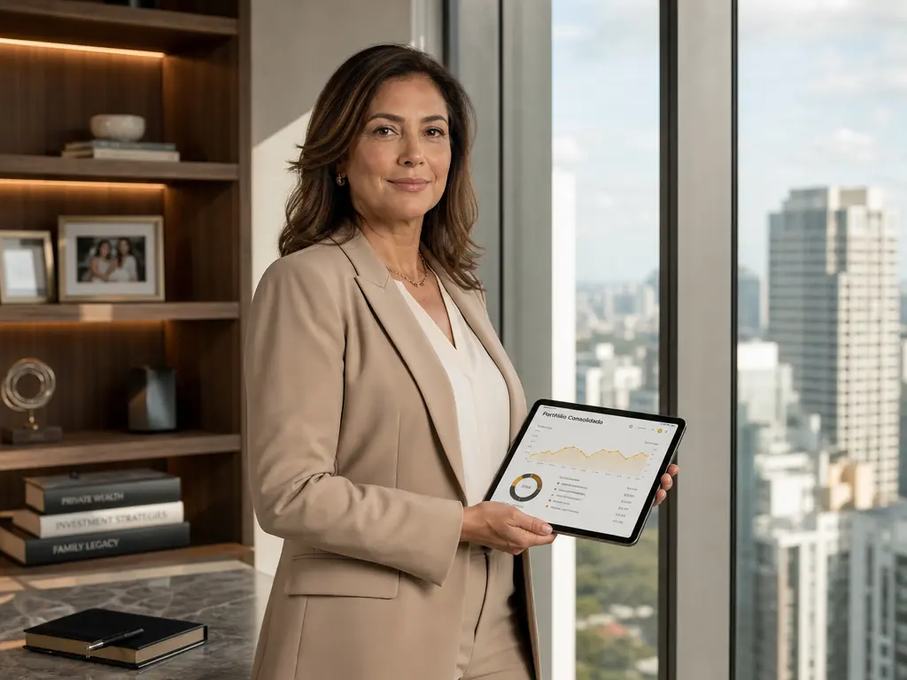Gestora de family office com tablet mostrando sistema de gestão de portfólio imobiliário em holding familiar.