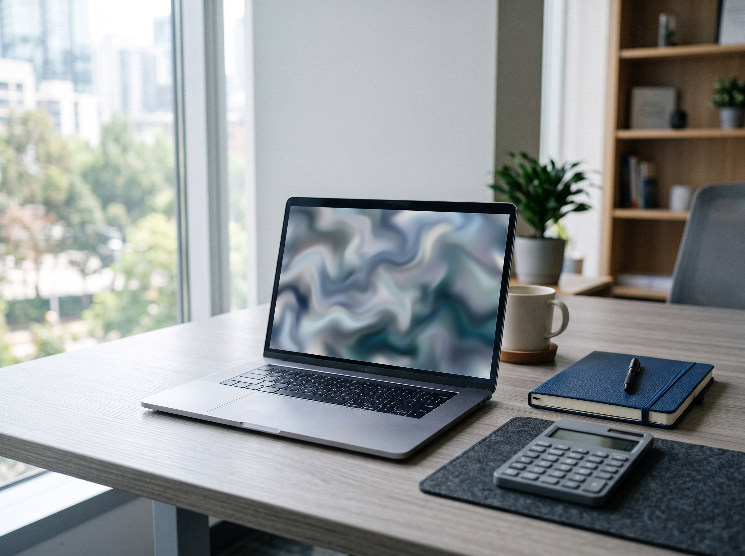 Laptop e calculadora sobre mesa de escritorio, NFS-e para locacao comercial 2026