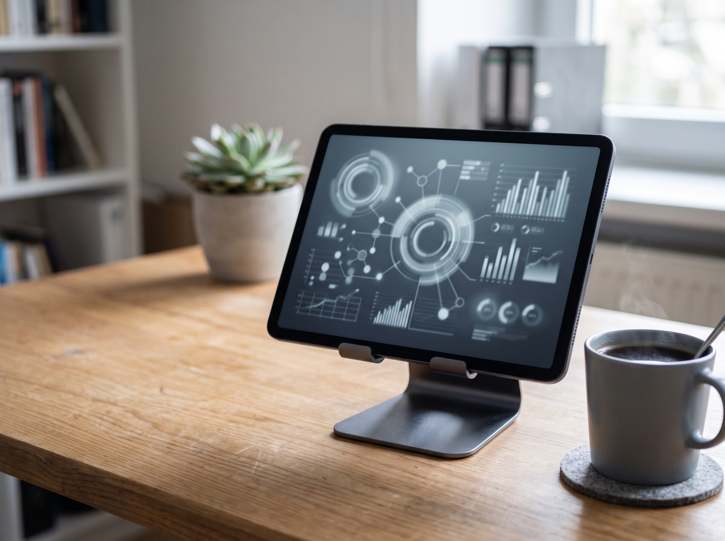 Tablet mostrando painel de analise de dados, leitura automatica de contrato de locacao com IA