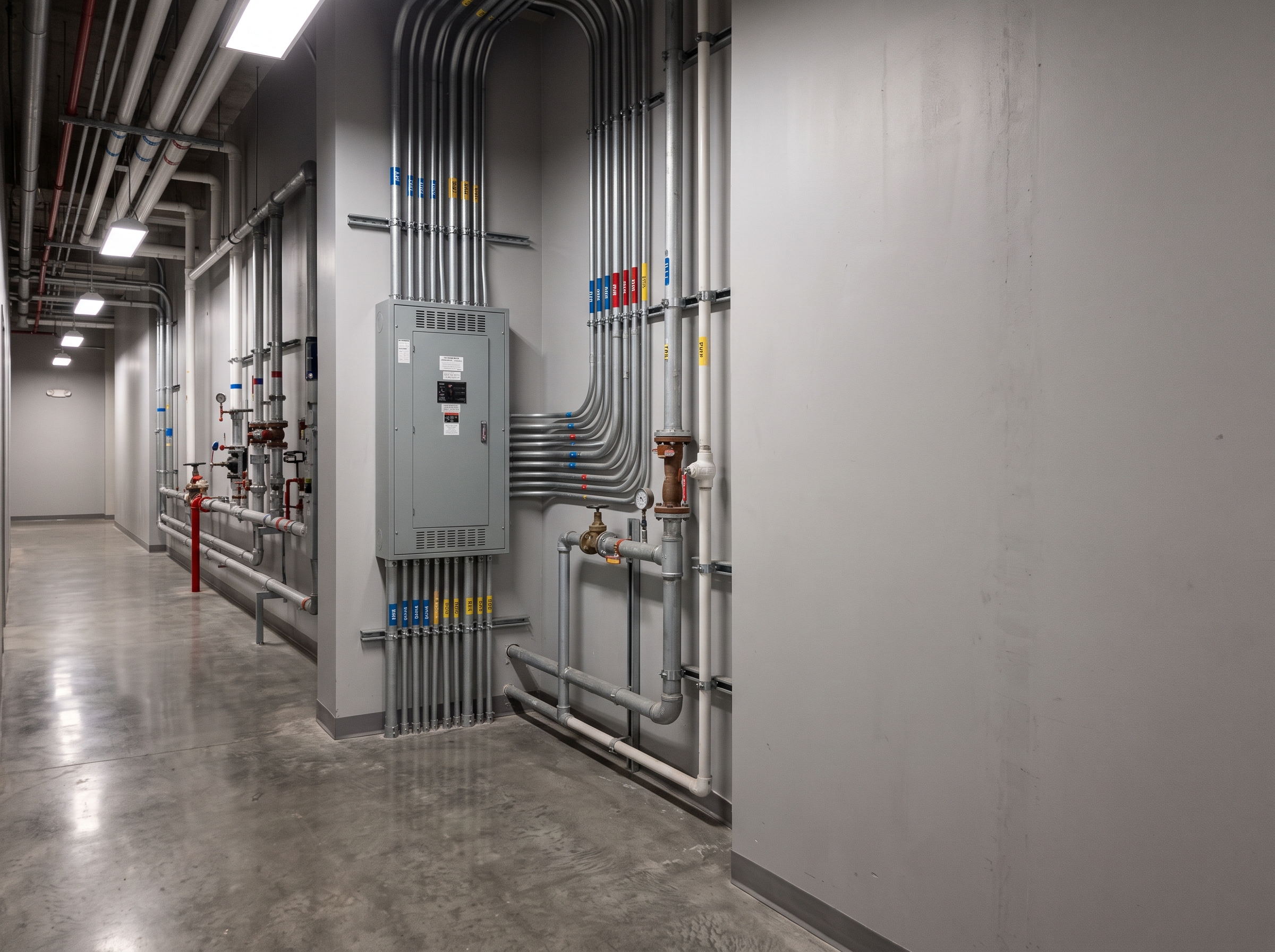 Corredor tecnico de edificio comercial com paineis eletricos, gestao de facilities