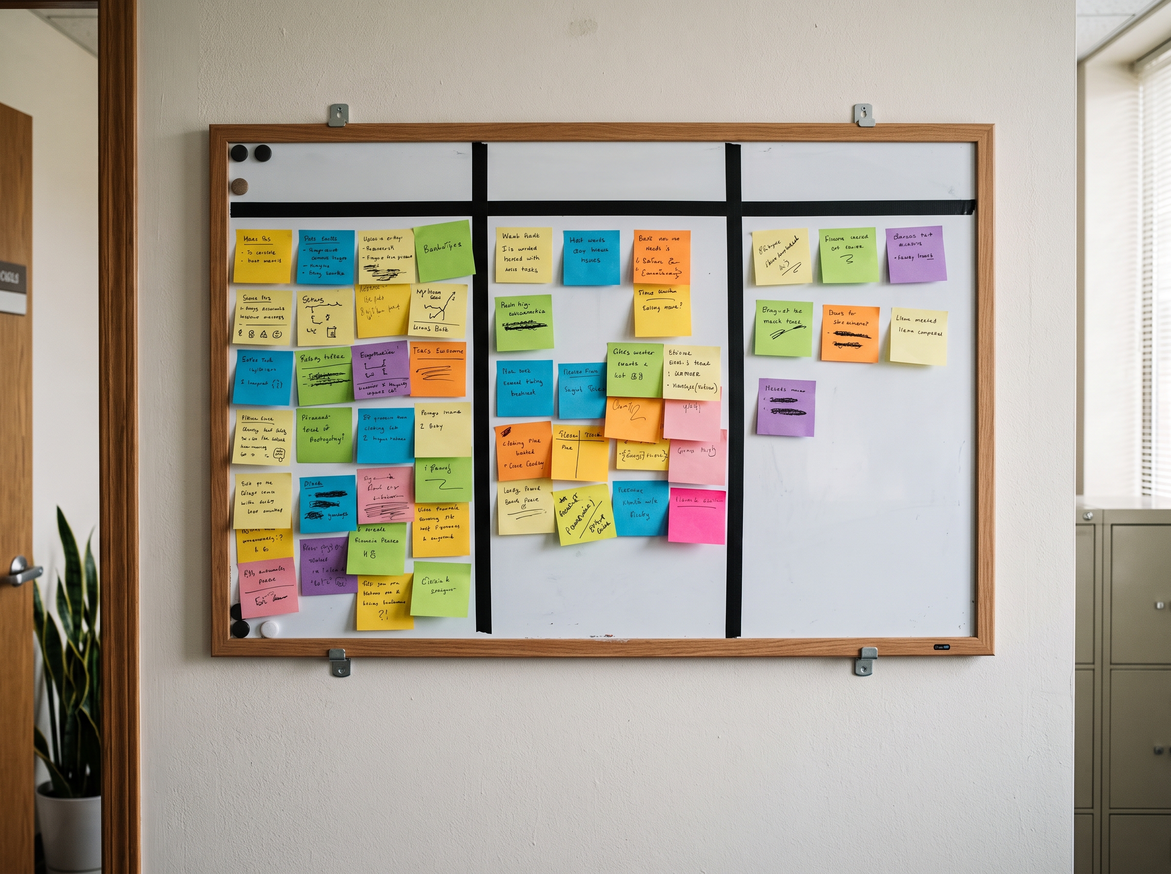 Quadro kanban com post-its organizados, metodologias ageis empresariais