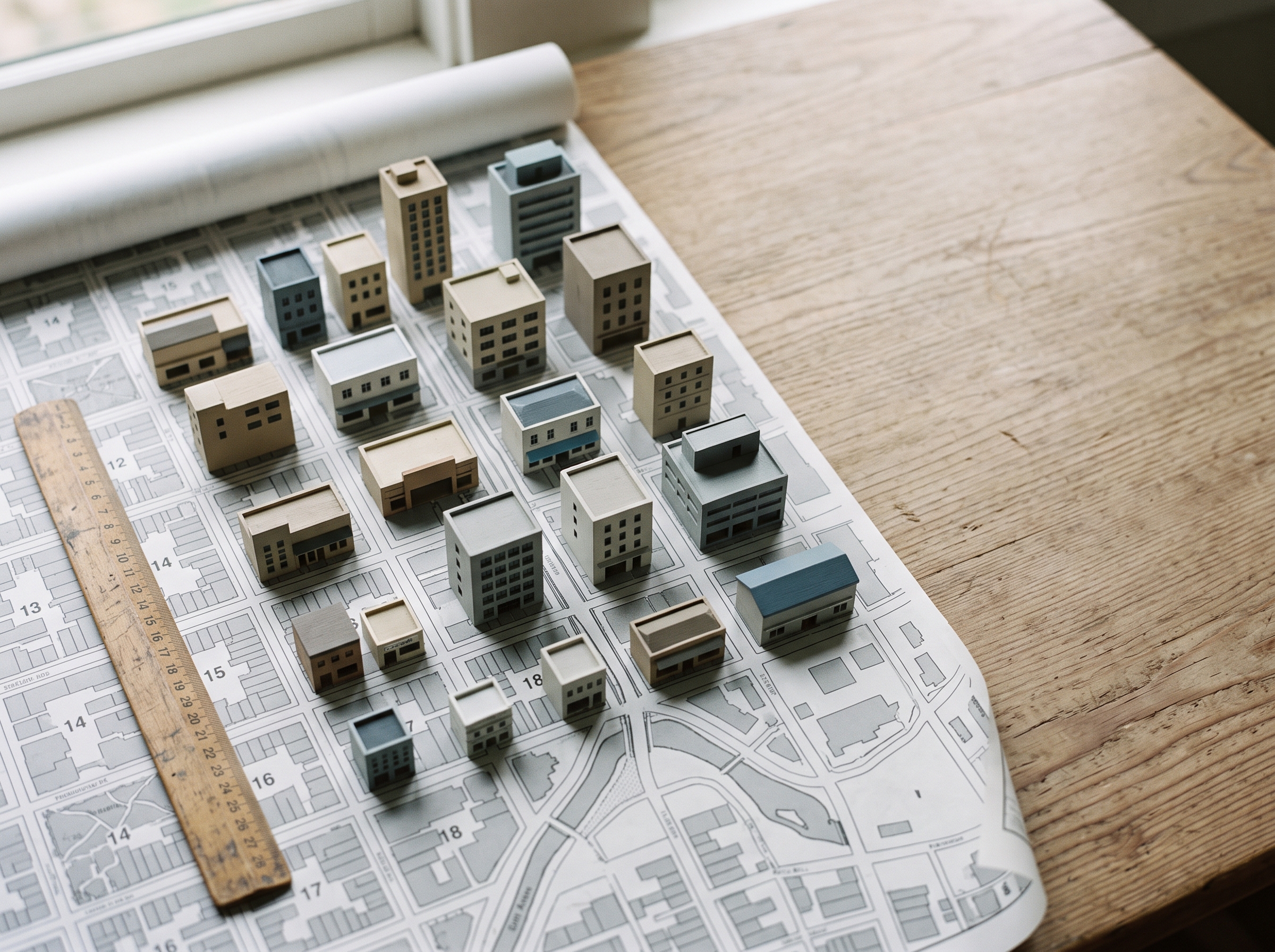 Miniaturas de predios sobre mapa de cidade, gestao de portfolio imobiliario