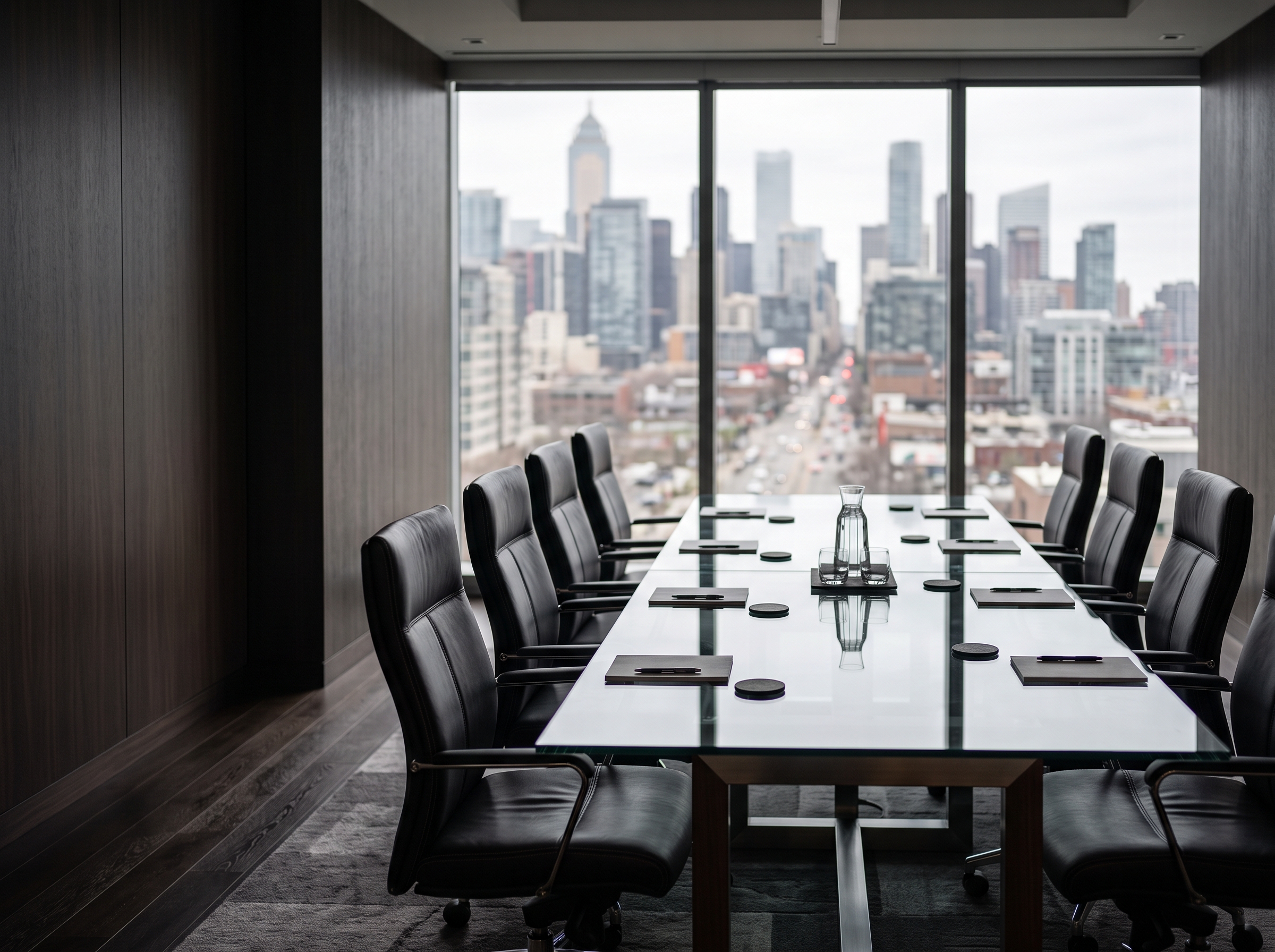 Sala de reuniao executiva com vista da cidade, gestao de imoveis corporativos
