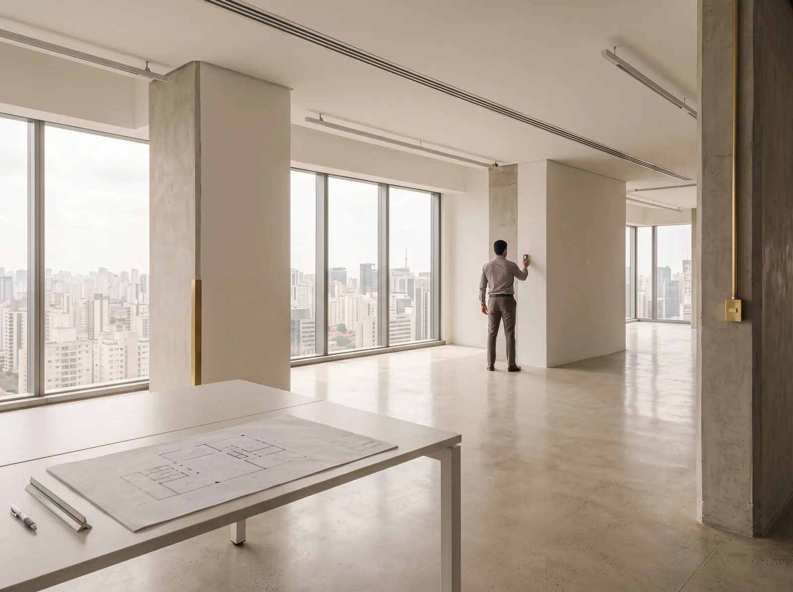 Profissional medindo a parede de um andar corporativo vazio em São Paulo, com a planta baixa sobre a mesa, representando o laudo de valor de locação