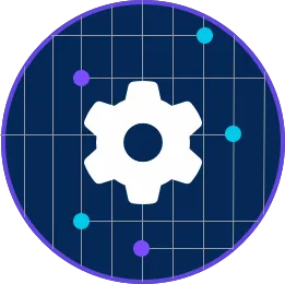 Navy blue circle with a gear in the middle with colorful nodes coming out of it