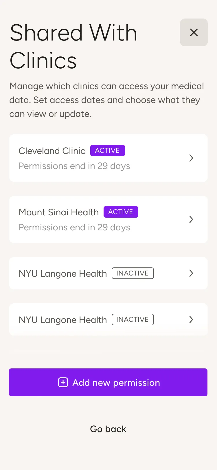 Screenshot of EverBetter Pro, where users can view which clinics have access to their medical data