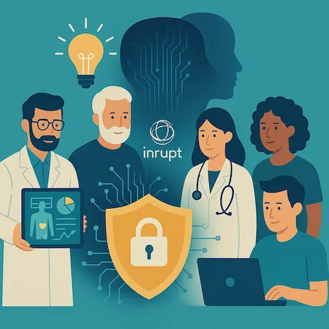 A cartoon depiction of medical professionals around a shield icon, representing Inrupt and EverBetter's partnership