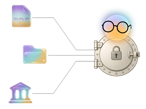 Icons for multiple types of data flowing into a vault, which is guarded by Charlie