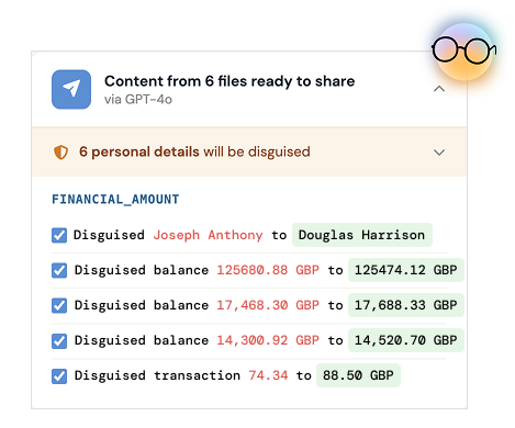 A screenshot showing several points of real personal data on the left, replaced with similar but disguised data points on the right.