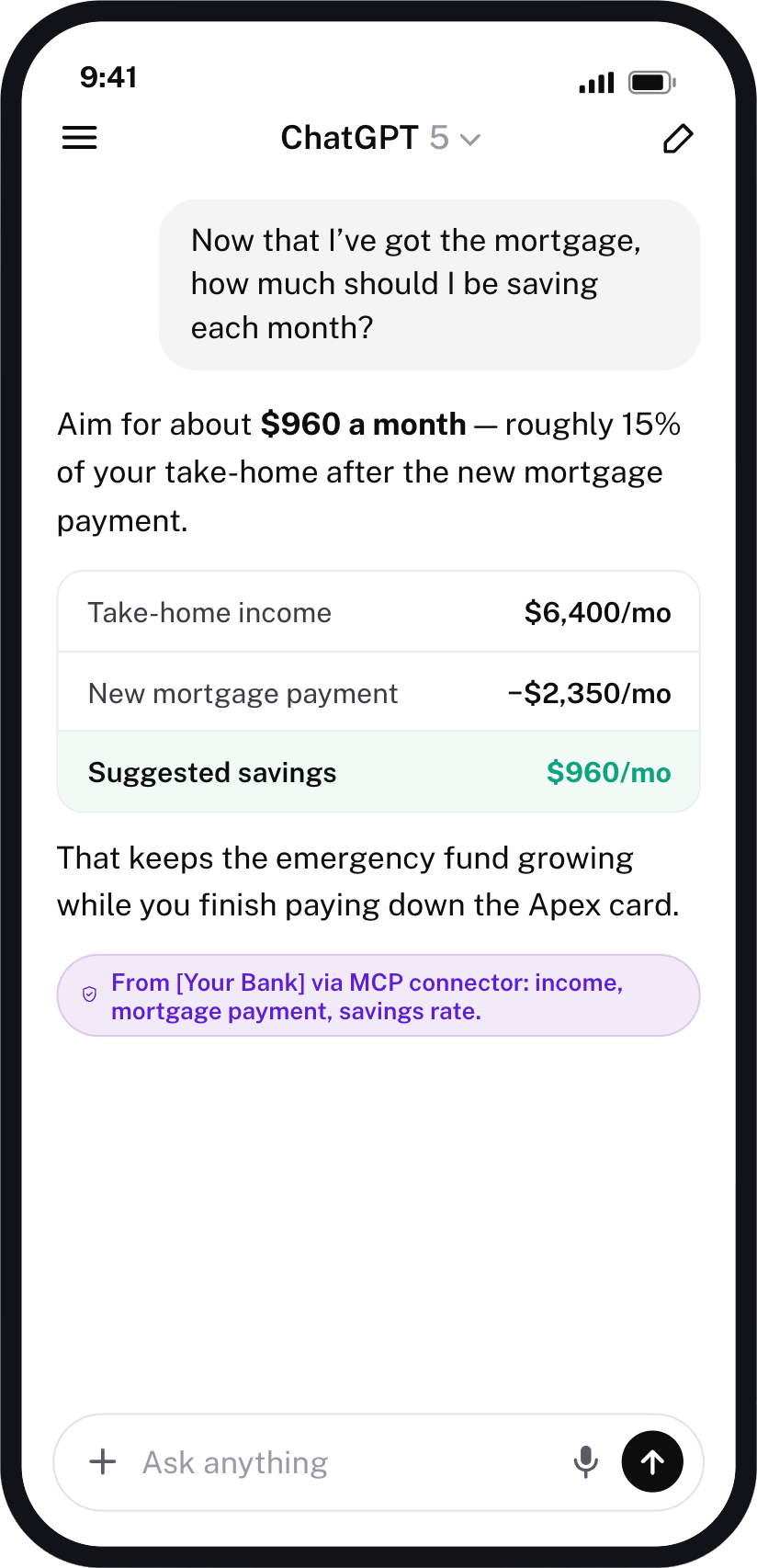 ChatGPT answers a mortgage savings question using figures shared through the bank's connector.