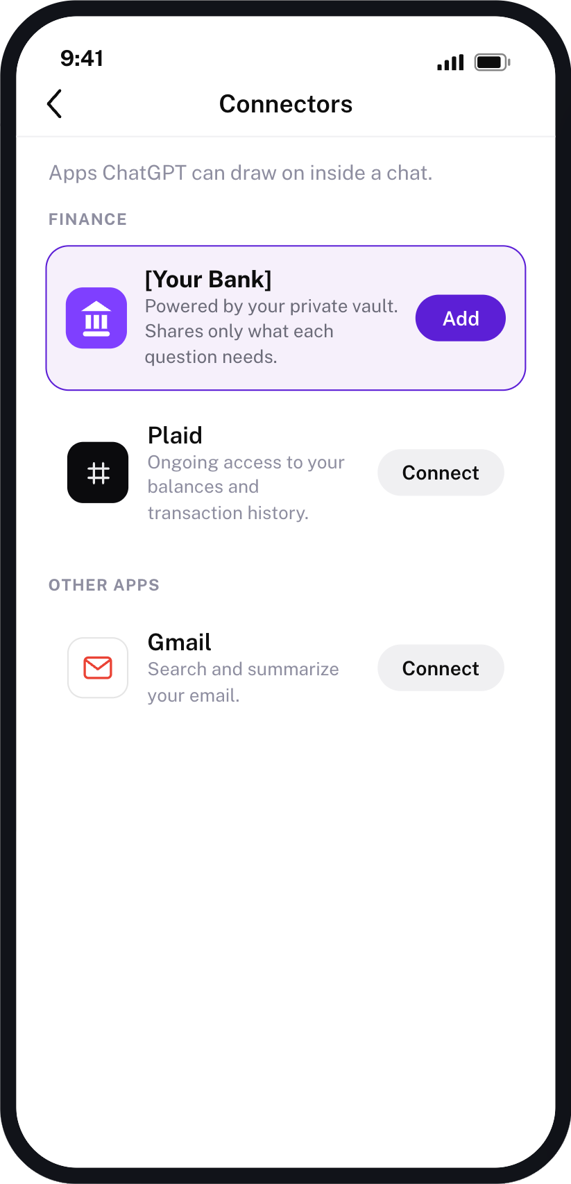 ChatGPT connector list with the bank's own connector, powered by a private vault, listed above Plaid.