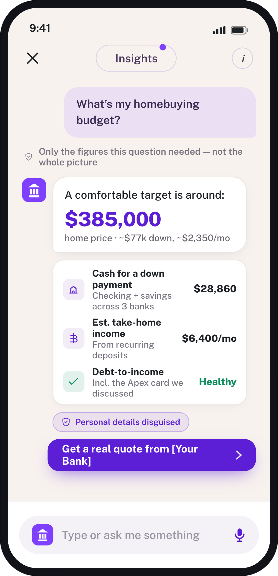 Bank app screen: the assistant answers 'What's my homebuying budget?' with a $385,000 target and a button to get a quote.