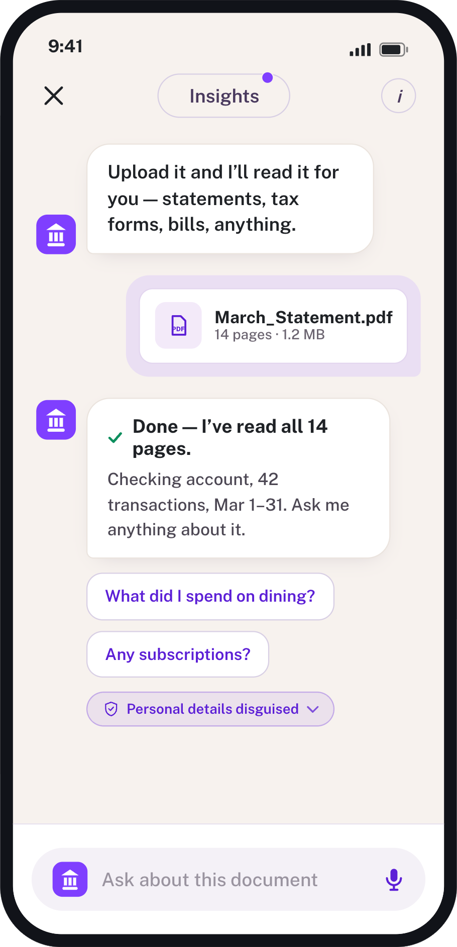 Bank app screen: a customer uploads a 14-page statement and asks questions about it; personal details are disguised.