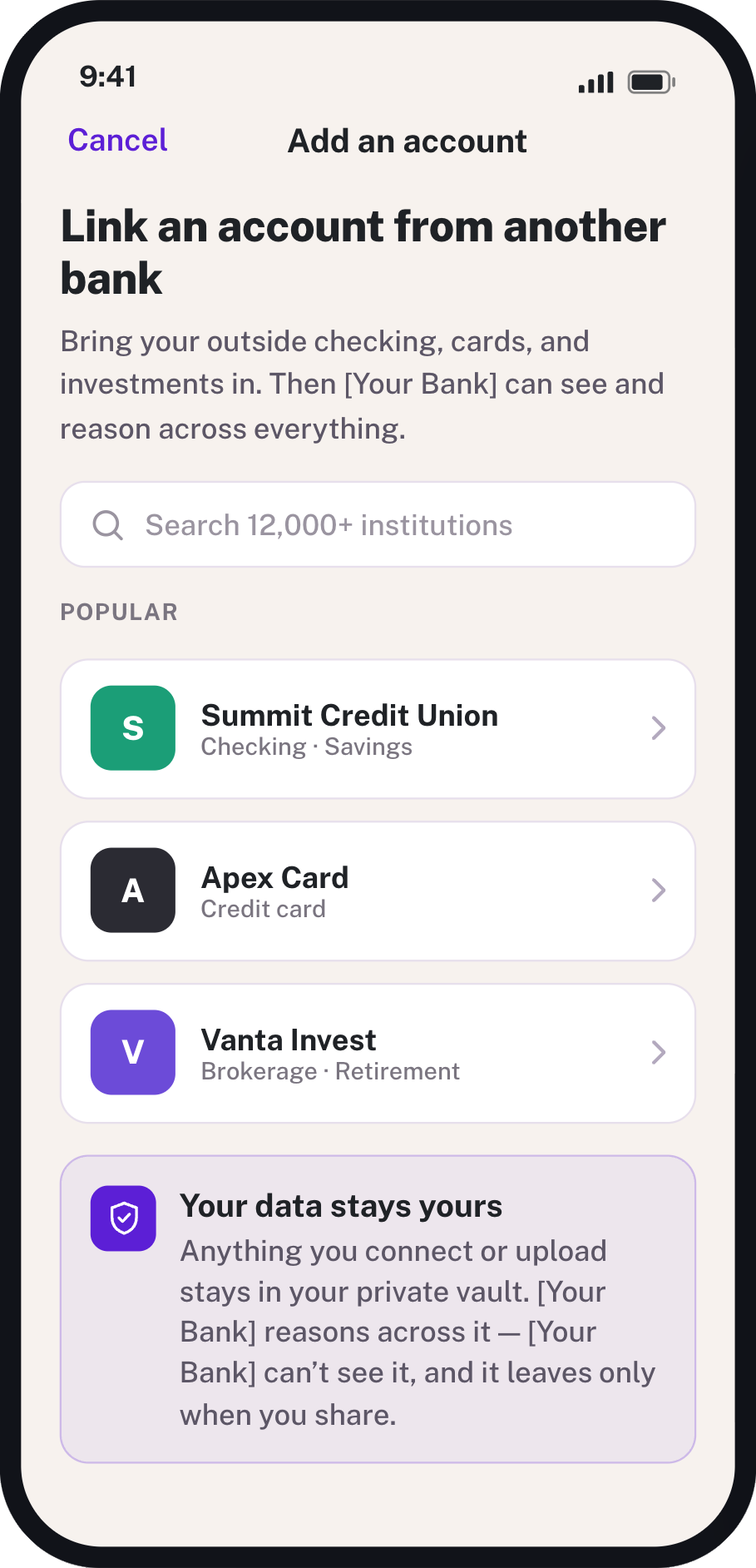 Bank app screen: linking an account from another bank.