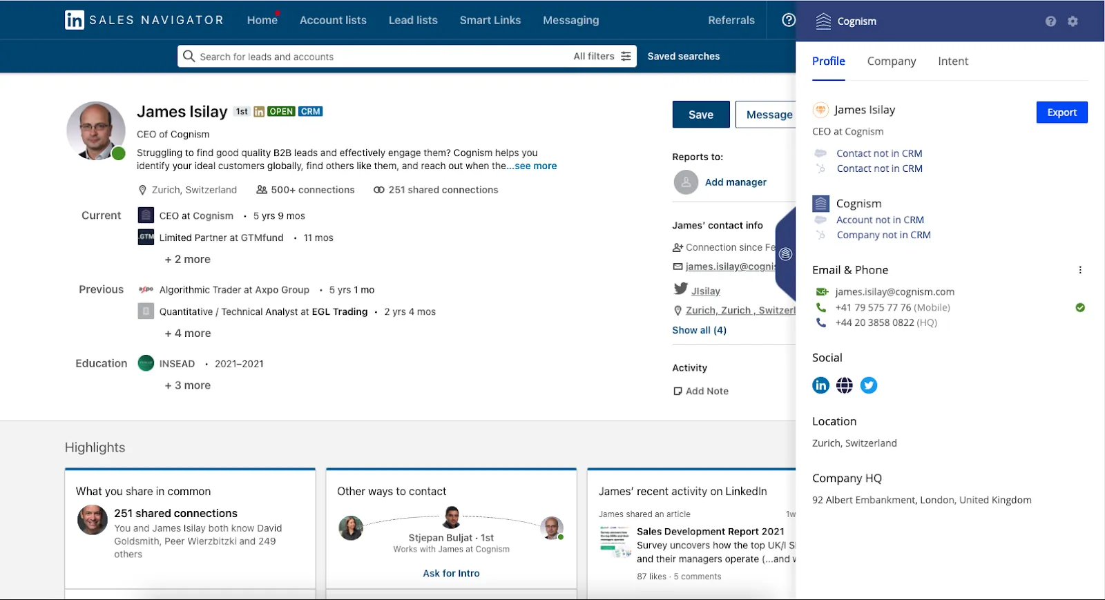 Cognism dashboard
