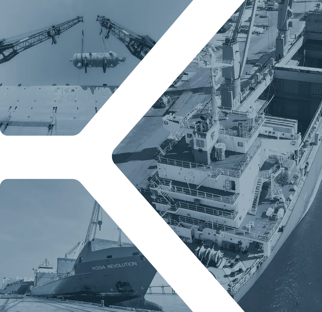 KOGA Revolution vessel at port: A collage showing heavy-lift crane operations, industrial cargo shipping, and specialized maritime logistics fleet.