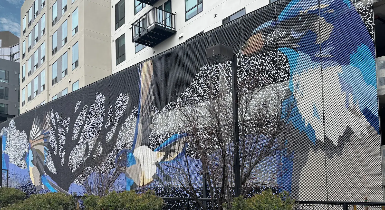 AVE Santa Clara building, an eight-story residential mid-rise with over three hundred homes including a parking garaga, down the street from Levis’s Stadium. The open parking façade is covered with a Dedots screens, an artwork created in collaboration with a local artists Roan Victor. In her words: “It makes me smile to know that I get to show you these giant, larger than life scrub jays hanging out around the silhouette of a grand Coast Live Oak tree. I always relish these opportunities to share something about our California native flora and fauna.”