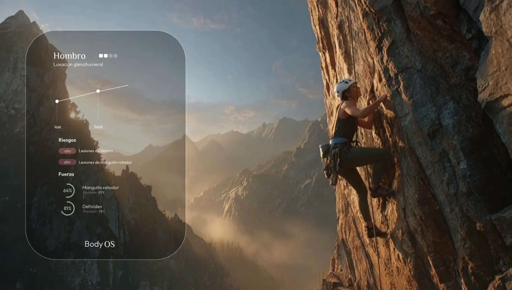 Mujer escaladora ascendiendo una pared rocosa al atardecer, equipada con casco y arnés, mientras una interfaz digital muestra información biomecánica sobre la luxación glenohumeral, riesgos de lesiones y fuerza del manguito rotador y deltoides, representando la tecnología Body OS aplicada al rendimiento físico.