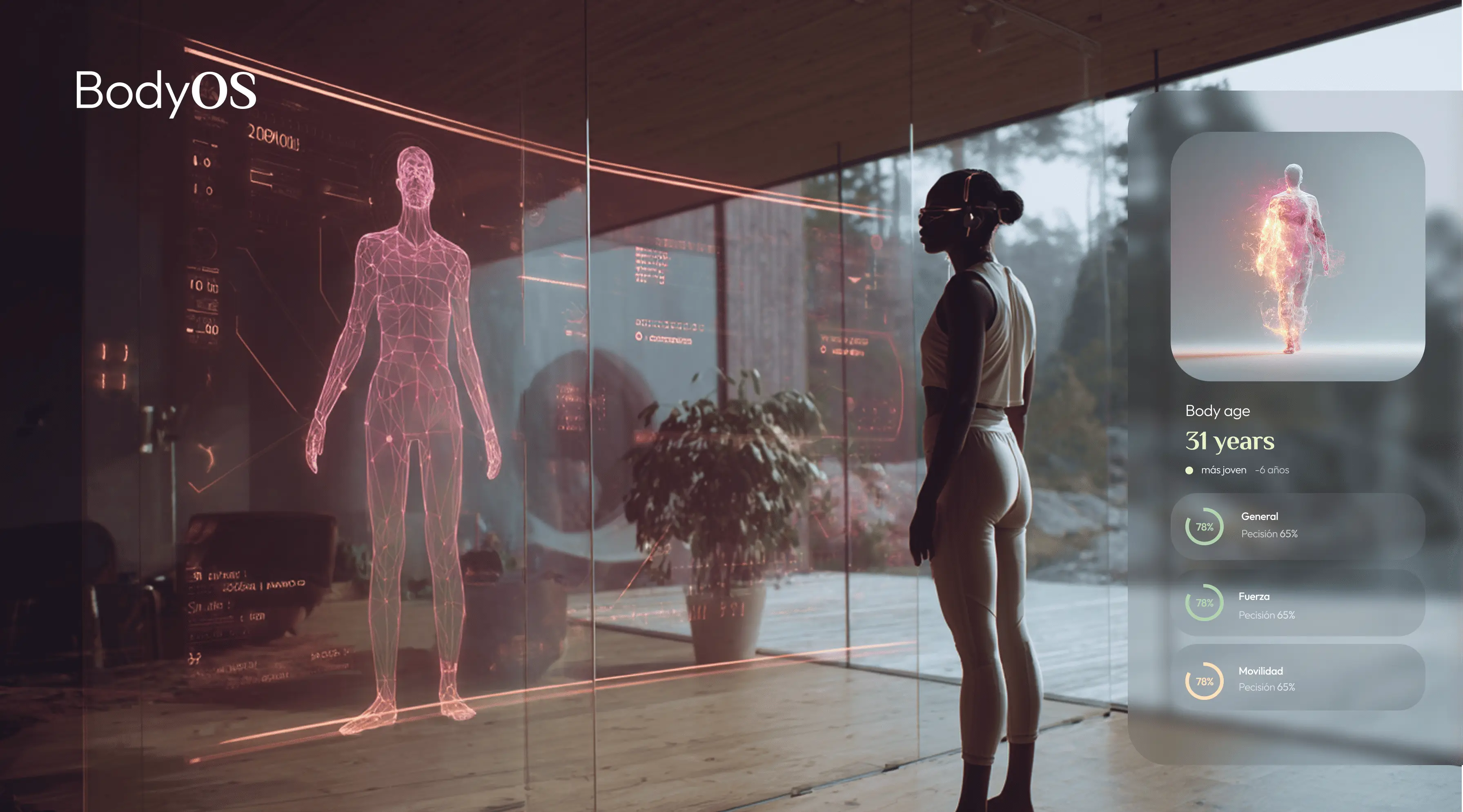Persona analizando su cuerpo en una interfaz holográfica de salud con BodyOS, mostrando edad biológica, fuerza y movilidad en tiempo real