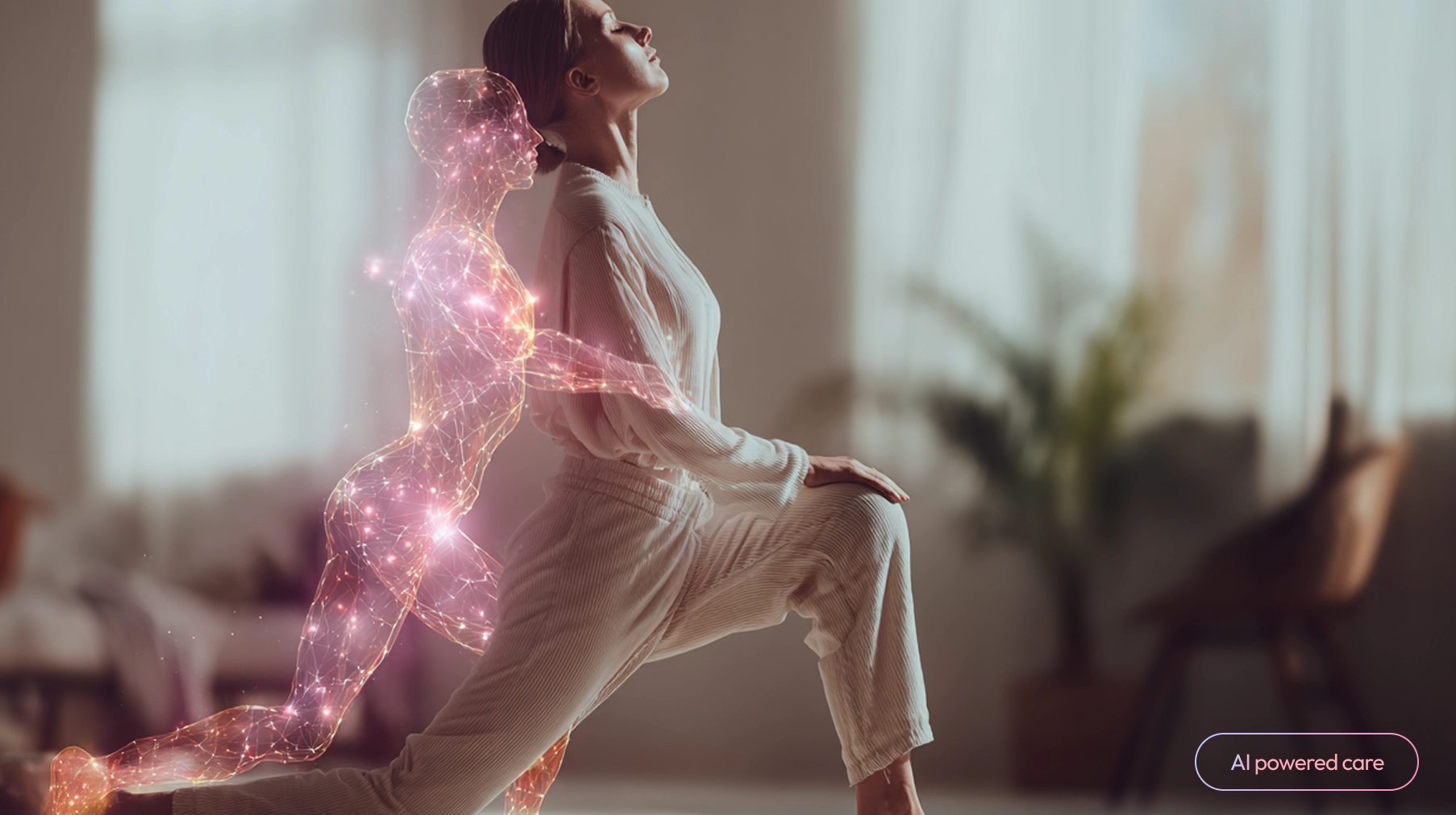 Mujer realizando estiramiento con asistencia de inteligencia artificial, representación visual de la fisioterapia digital personalizada de Fisify para mejorar la salud laboral y prevenir lesiones.