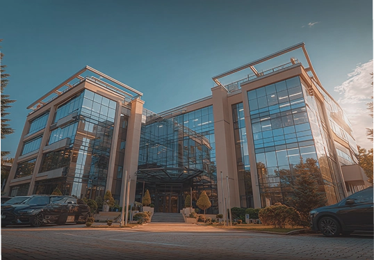 Edificio de oficinas con arquitectura contemporánea, reflejo del compromiso empresarial con la innovación y el bienestar laboral gracias a la fisioterapia digital de Fisify.