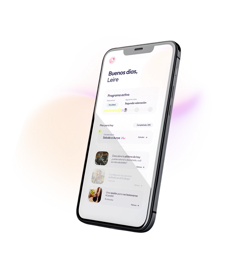 Interfaz de la app Fisify con un plan de fisioterapia digital personalizado mediante inteligencia artificial para mejorar la movilidad y prevenir lesiones.