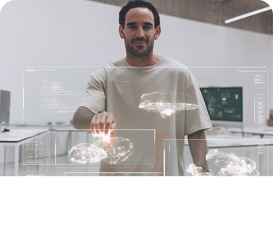 Retrato futurista de un fisioterapeuta en un entorno tecnológico, que representa la innovación y el avance de la fisioterapia digital aplicada al rendimiento deportivo y la salud muscular.