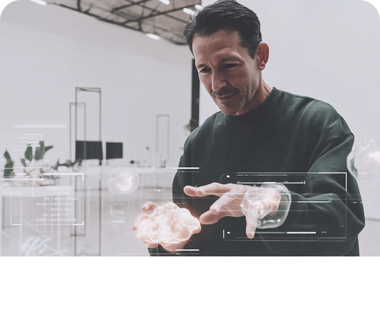 Retrato futurista de un fisioterapeuta en un entorno tecnológico, que representa la innovación y el avance de la fisioterapia digital aplicada al rendimiento deportivo y la salud muscular.