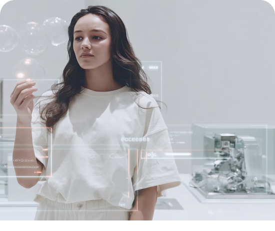 Retrato futurista de una fisioterapeuta en un entorno tecnológico que representa la innovación y el avance de la fisioterapia digital aplicada al rendimiento deportivo y la salud muscular.