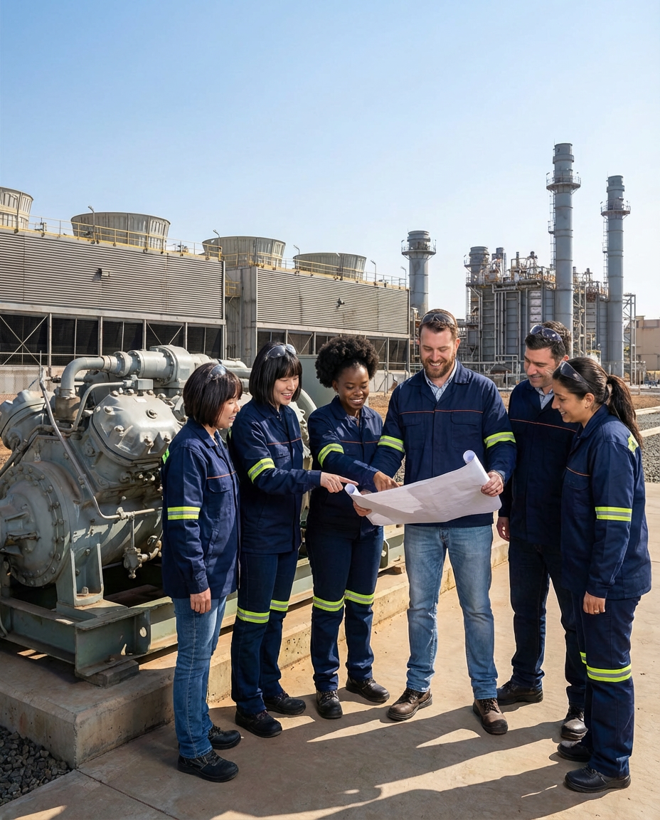 Equipo PRL/RRHH revisando un plano frente a una planta industrial
