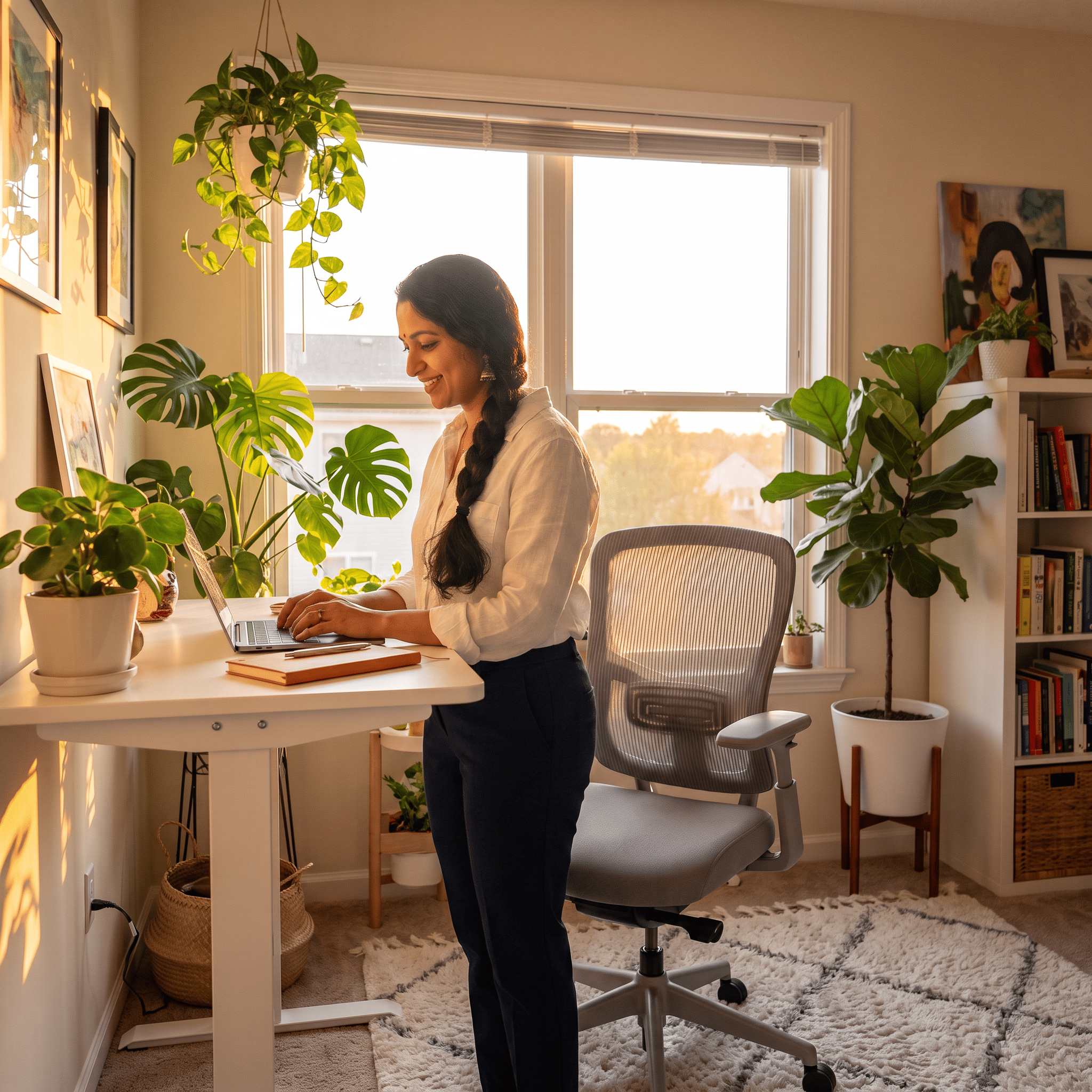 Silla ergonómica ajustable en un puesto de oficina