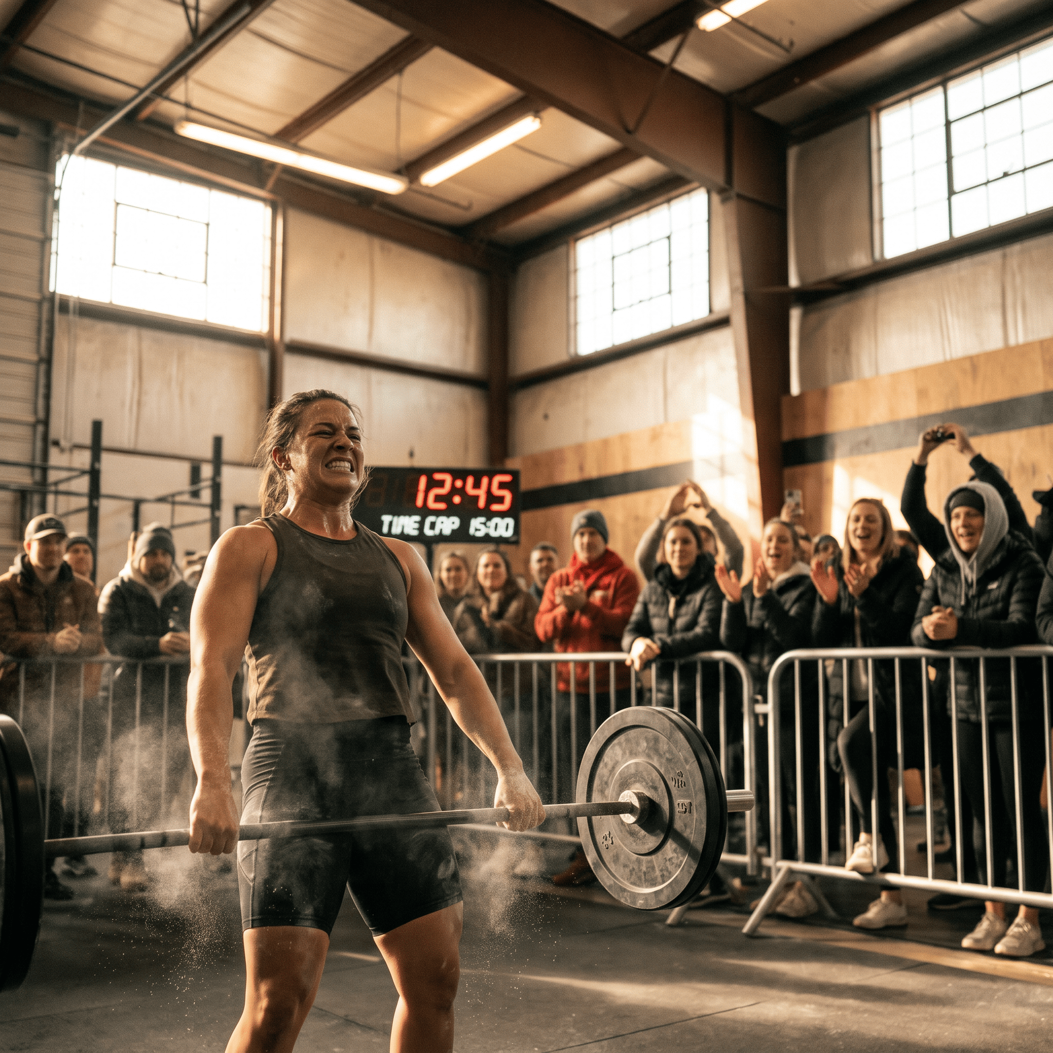 Atleta durante una competición de CrossFit con cronómetro al fondo
