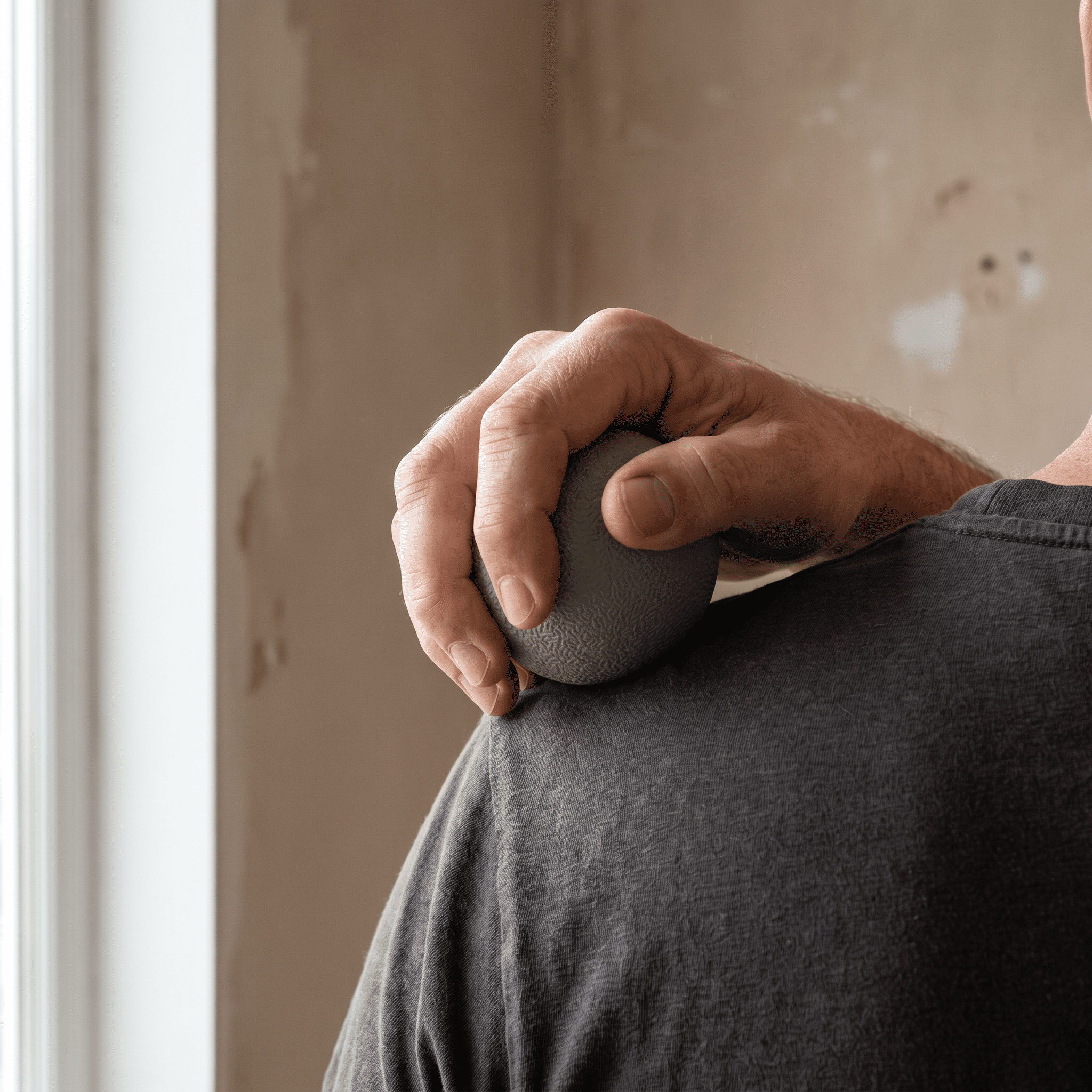 Pelota rígida de masaje en la mano, apoyada contra la pared