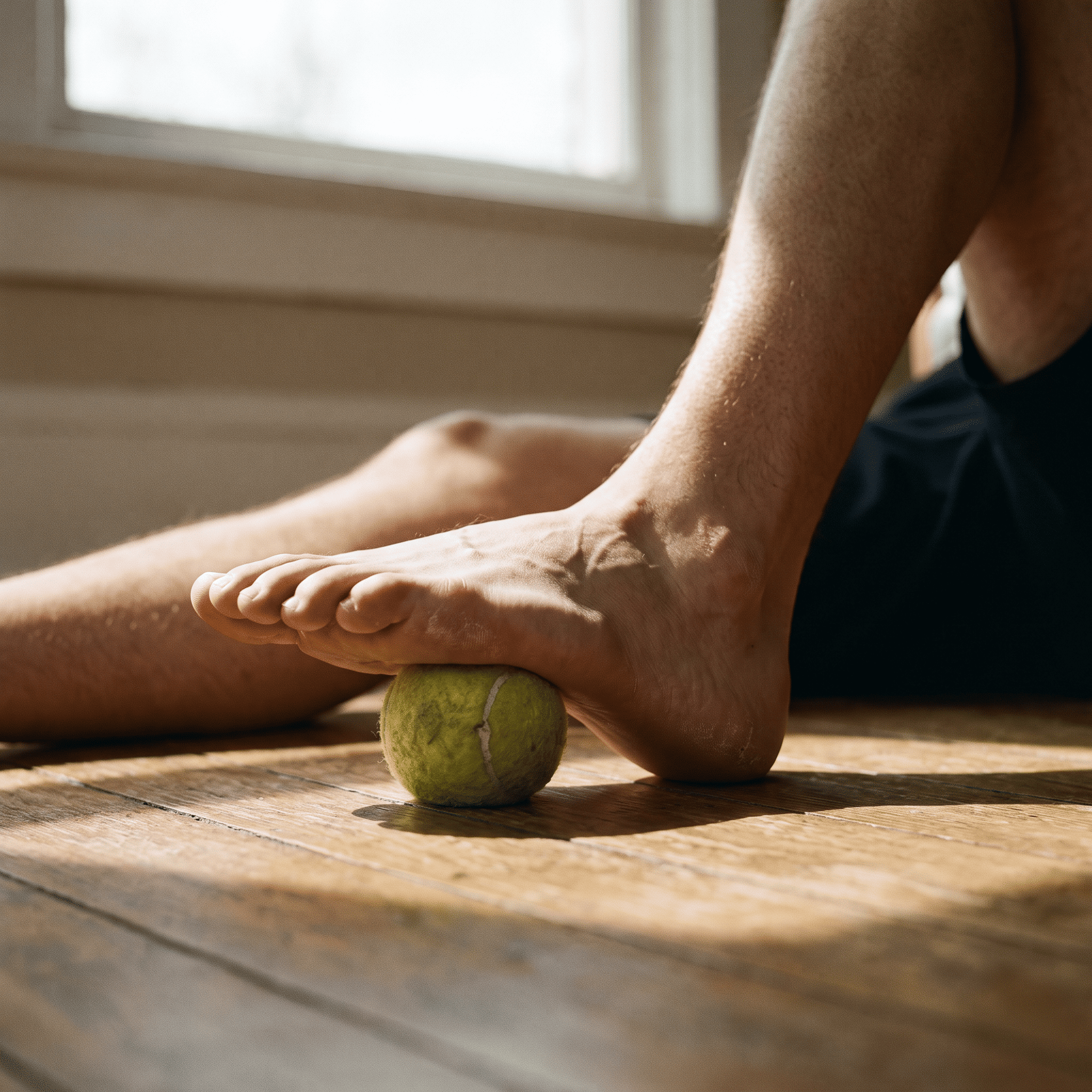Pelota de tenis bajo la planta del pie sobre suelo de madera