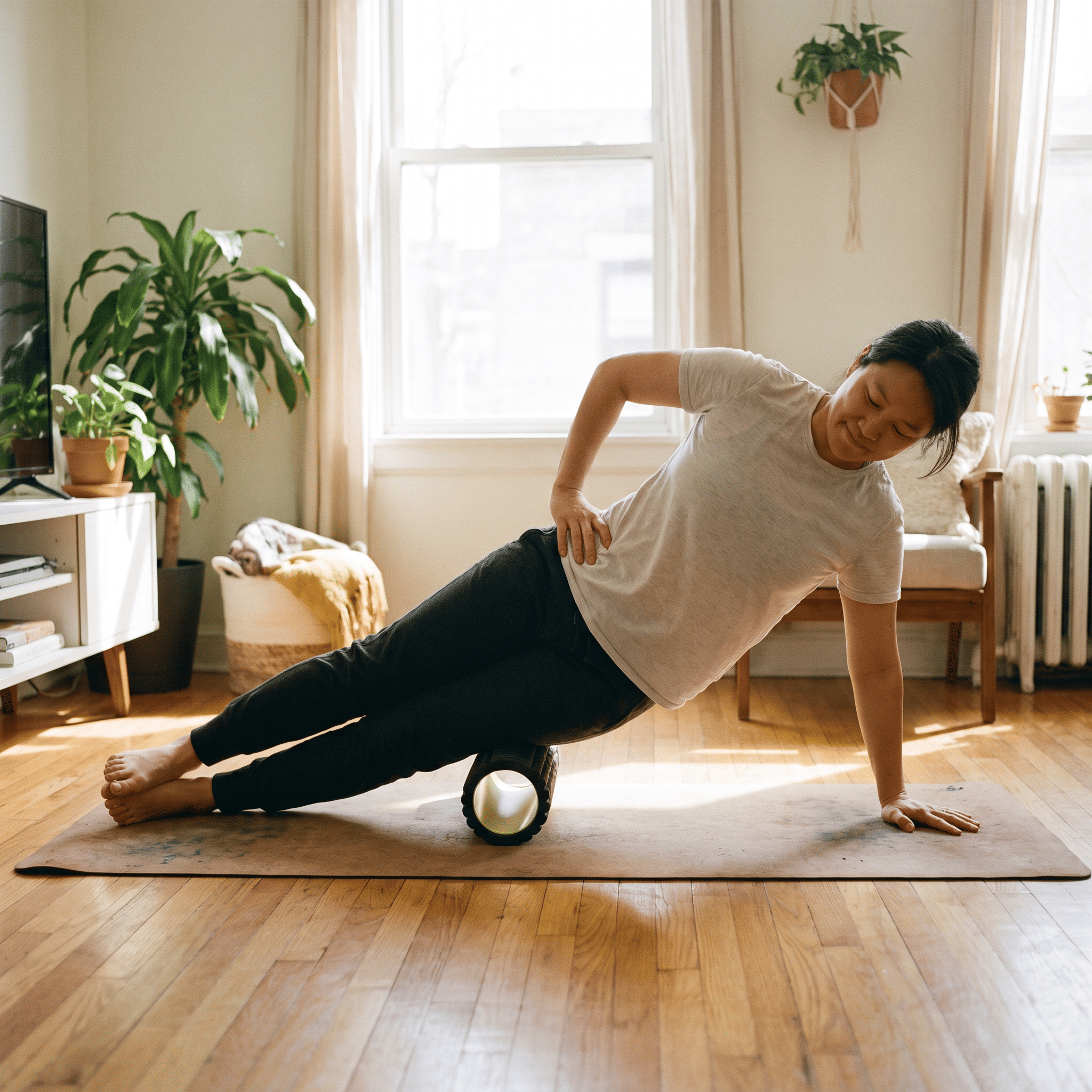 Persona usando un foam roller en el muslo sobre una esterilla