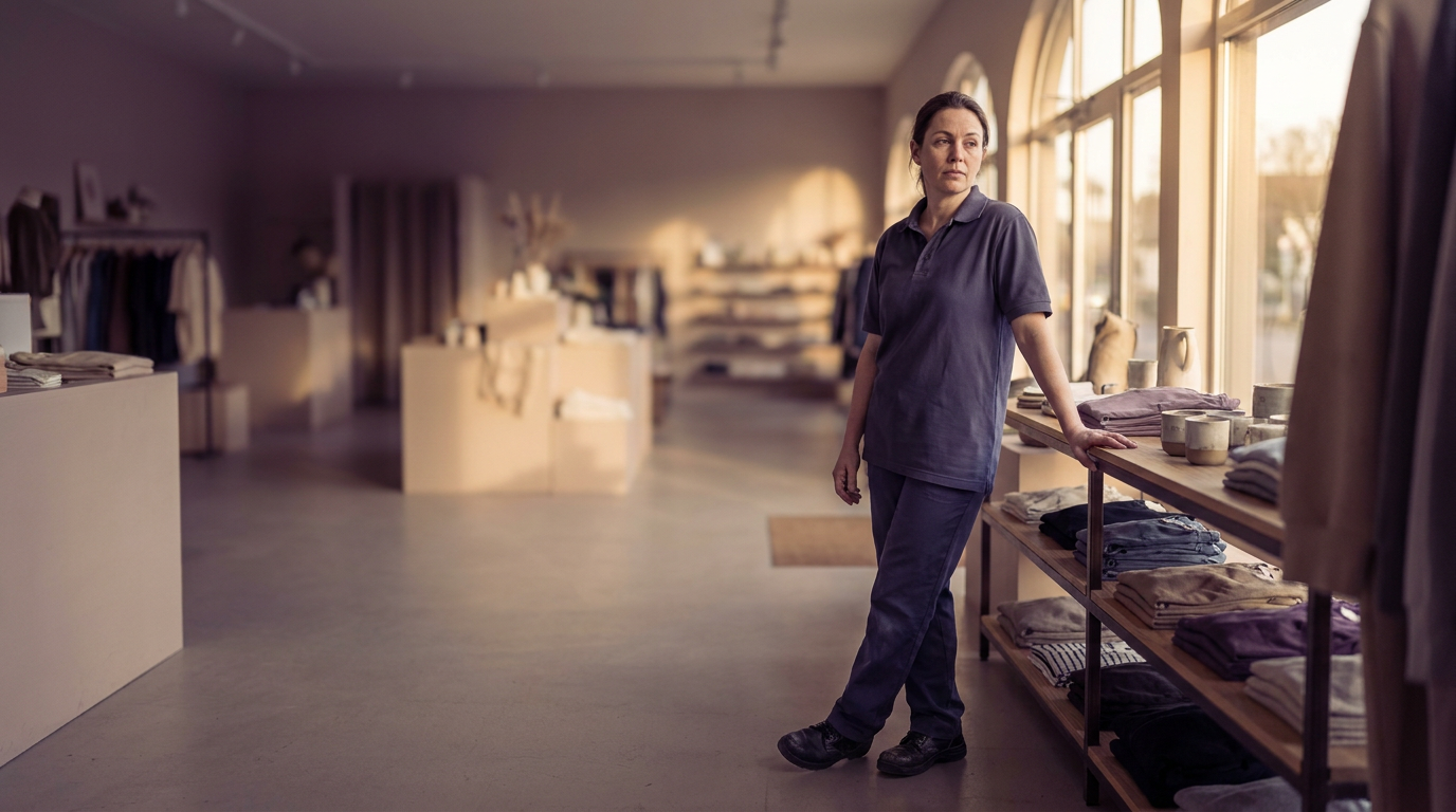 Trabajadora de tienda de pie al final de su turno