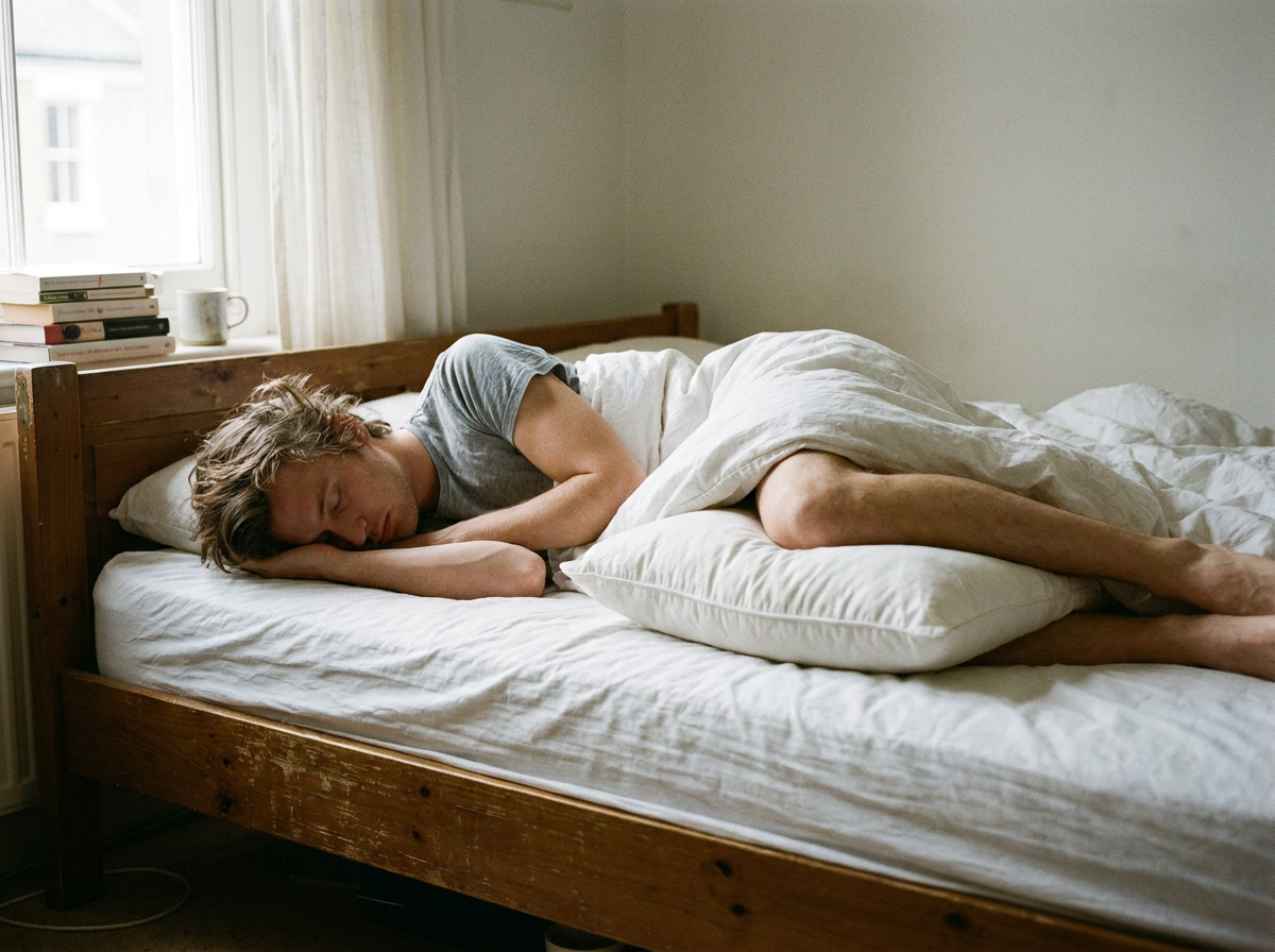 Persona dormida de lado con una almohada entre las rodillas