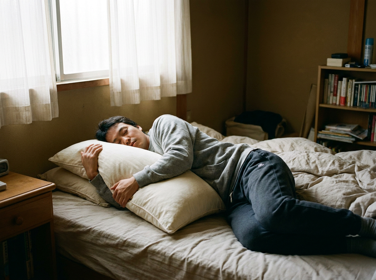 Persona dormida de lado sobre el hombro sano, abrazando una almohada con el brazo afectado