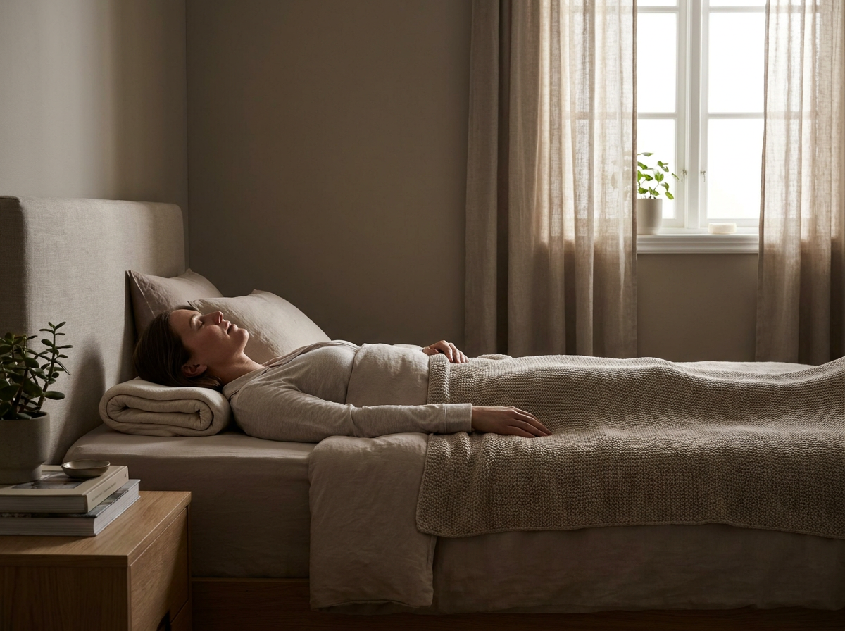 Persona dormida boca arriba con una almohada baja que sostiene el cuello
