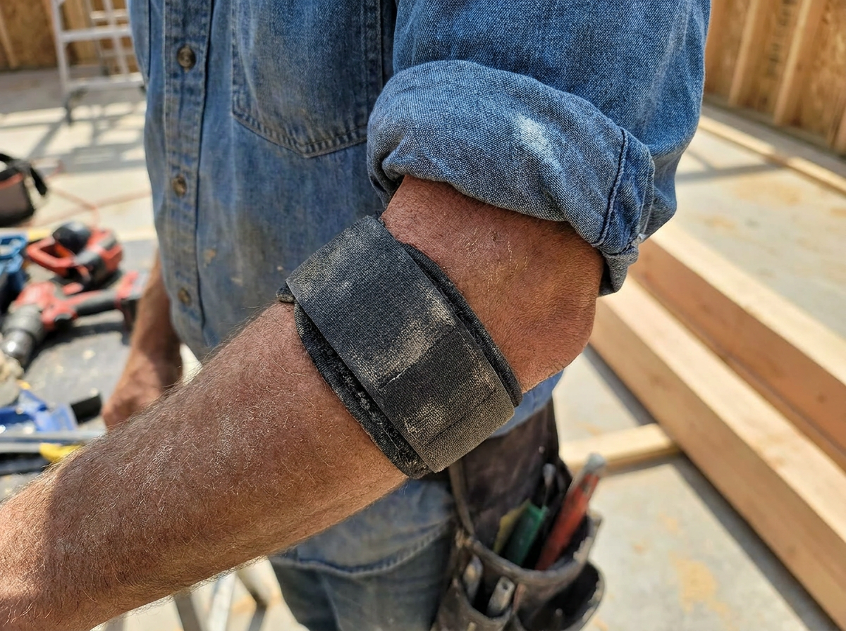Codo con una cincha de epicondilitis colocada bajo el antebrazo