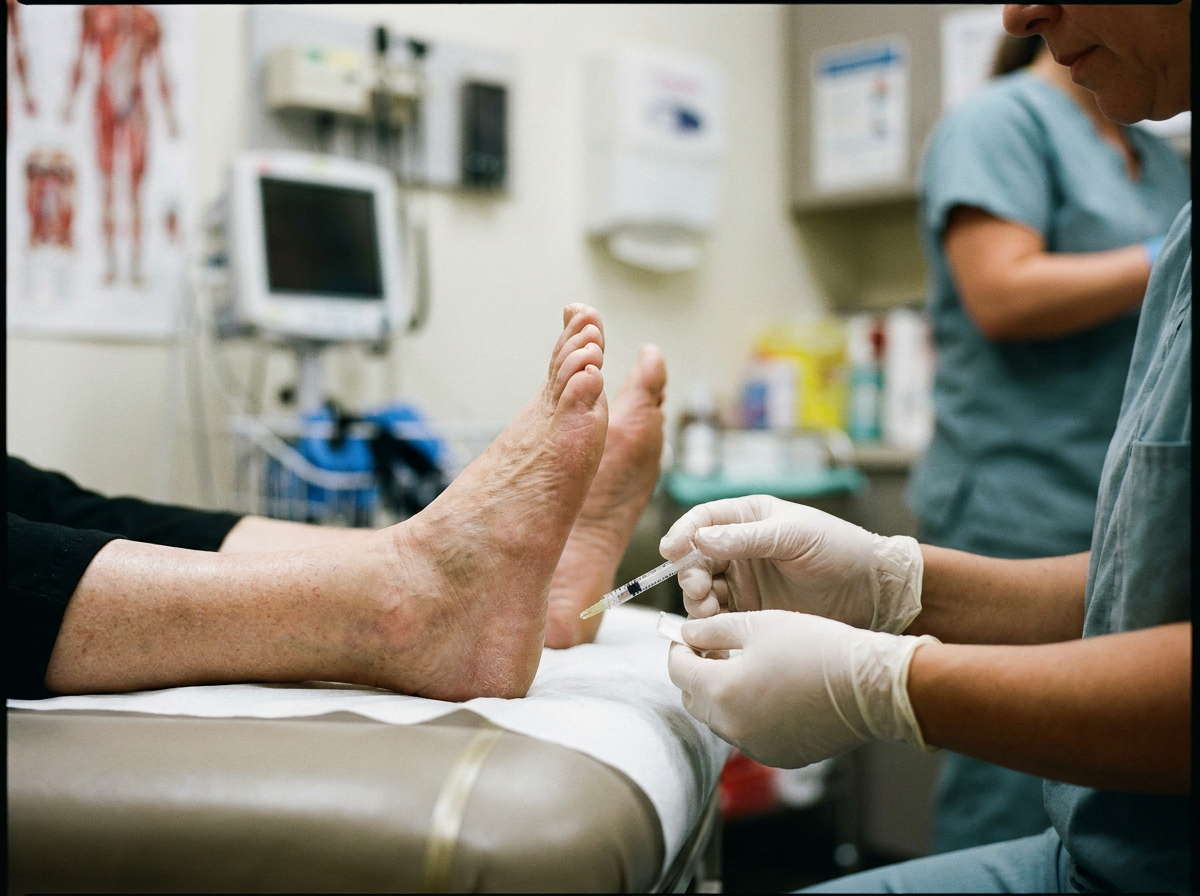 Jeringa y talón en una consulta, infiltración de corticoide