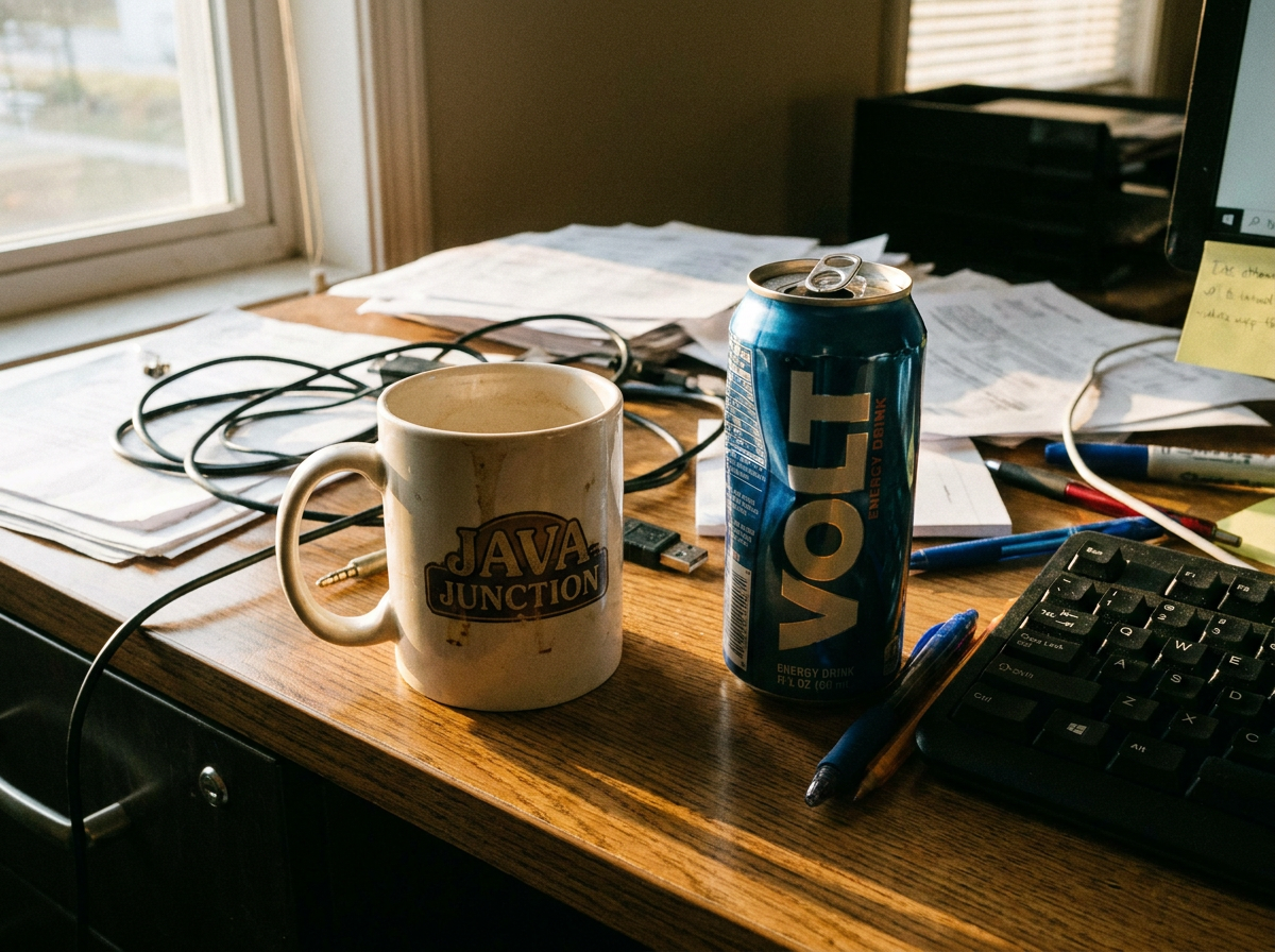 Taza de café y bebida energética sobre una mesa de trabajo